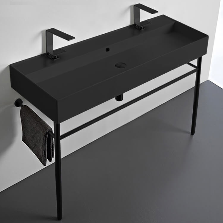Scarabeo 8031/R-120B-49-CON-BLK-Two Hole Double Matte Black Ceramic Console Sink and Matte Black Stand